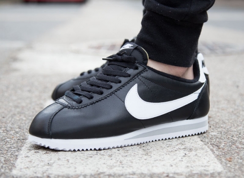 nike cortez black and white leather