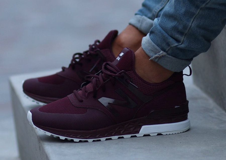 new balance 574 burgundy on feet