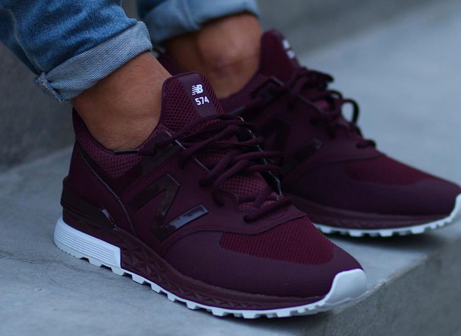 new balance 574 burgundy on feet