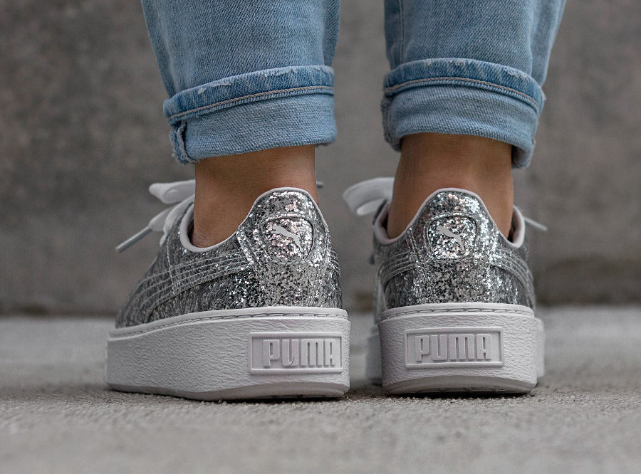 puma basket platform glitter silver