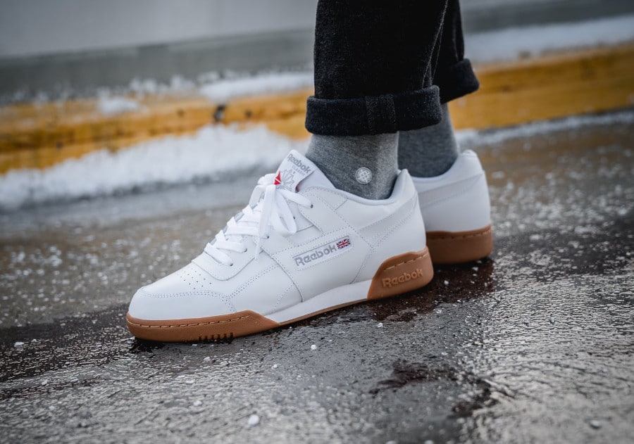 reebok workout plus white trainers with gum sole