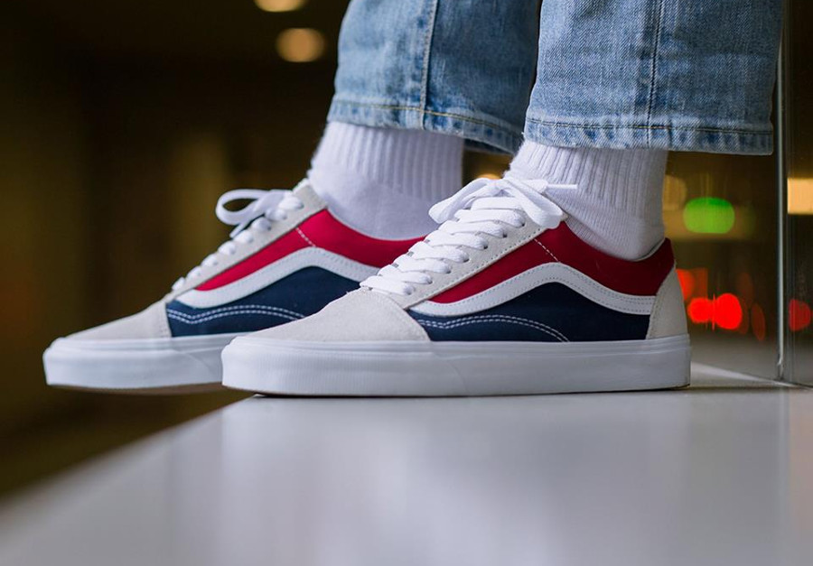 vans beige bleu et rouge