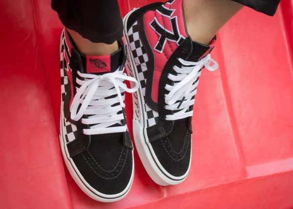 red vans sk8 hi on feet