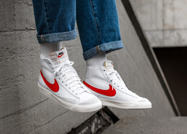 nike blazer mid 77 habanero red on feet