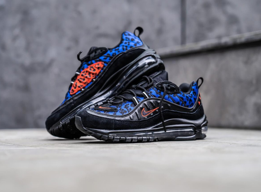 Air max 98 premium clearance black leopard habanero red/racer blue
