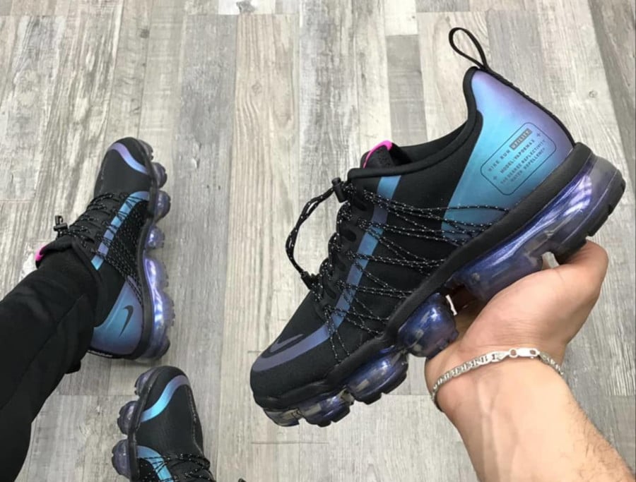 nike running vapormax utility throwback future trainers in black and iridescent