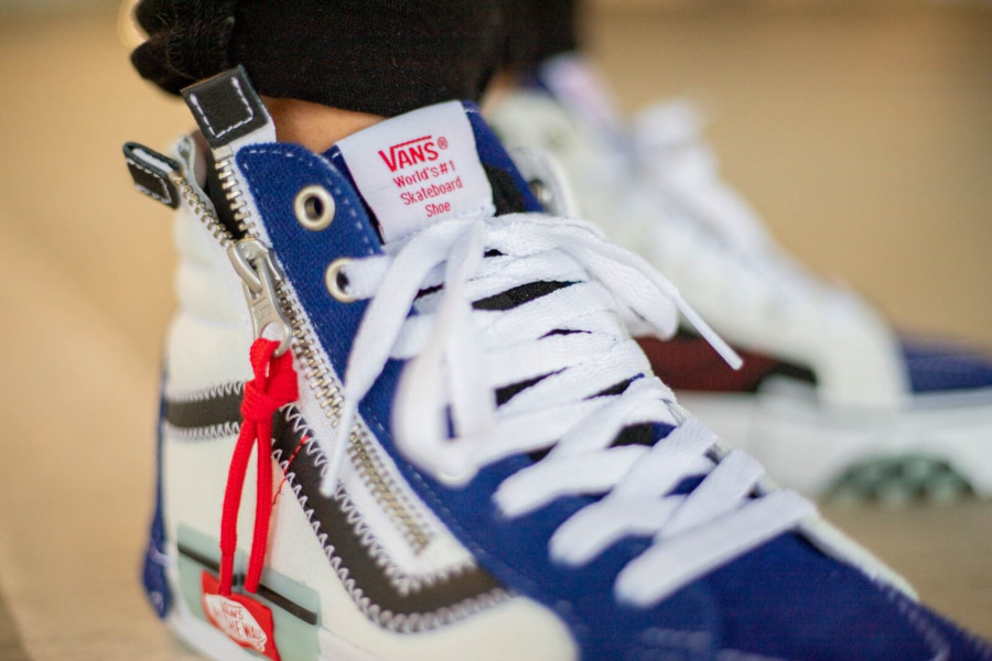 red vans sk8 hi on feet