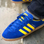 Adidas Stockholm City Series 2021 Royal Blue Yellow MMXXI on feet