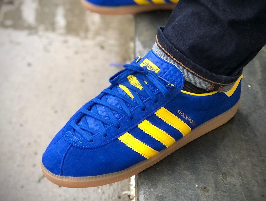 Adidas Stockholm City Series 2021 Royal Blue Yellow MMXXI on feet