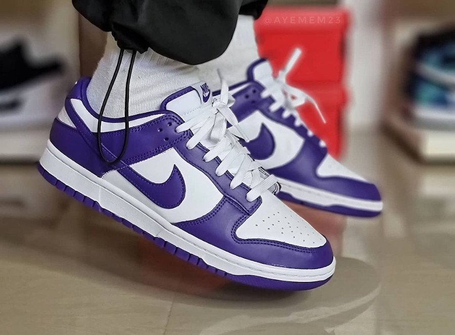 Nike Dunk Low blanche et violet on feet (1)