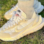 Nike x Sacai Vaporwaffle White and Gum Sail (beige) on feet