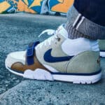 Nike Air Trainer 1 blanche marron beige et bleu fonce on feet 1 150x150