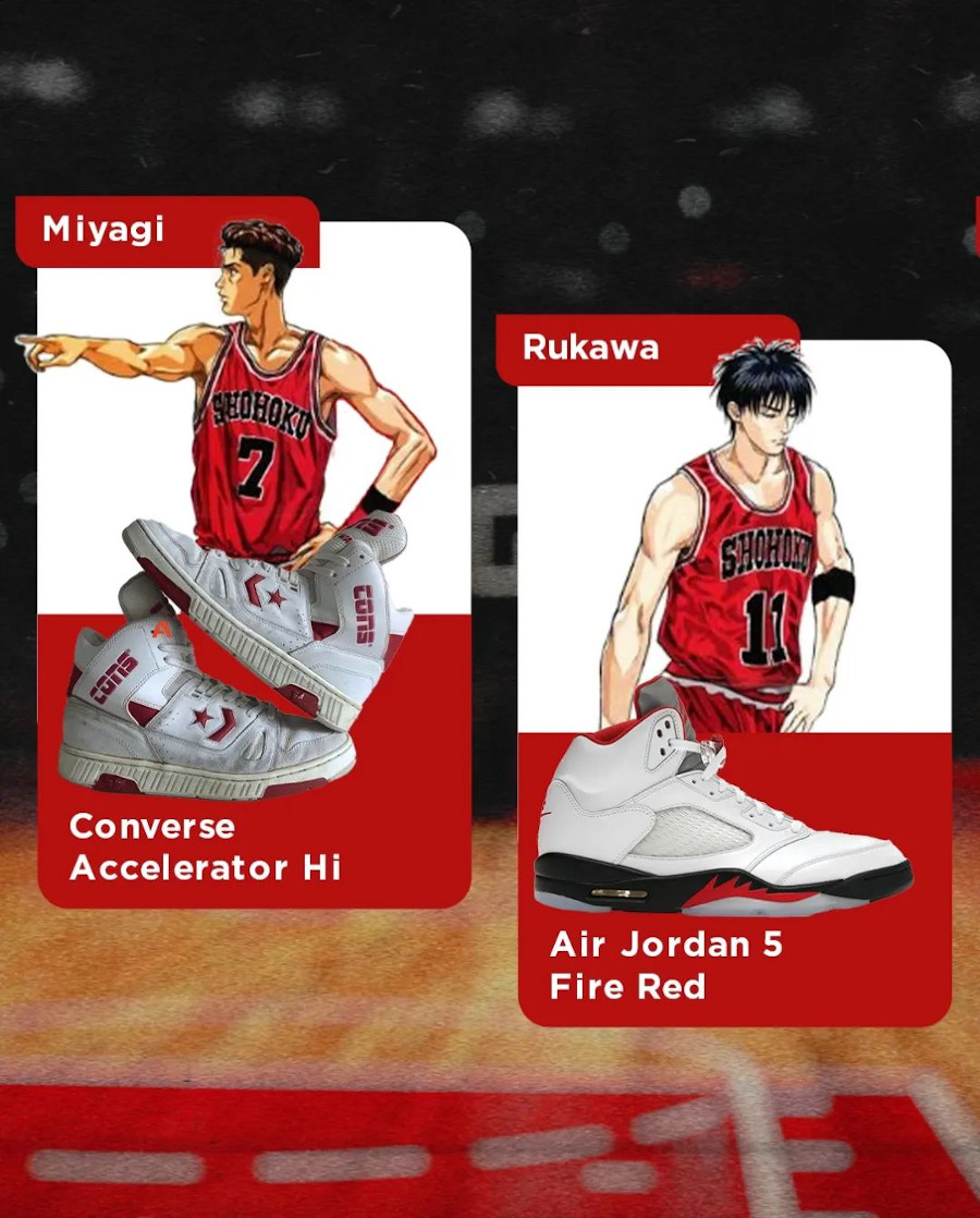 Miyagi Converse Accelerator Hi et Rukawa Air Jordan 5 Fire Red