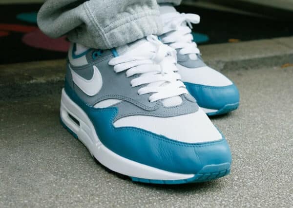 Nike Air Max 1 Noise Aqua Cool Grey on feet FB9660-001