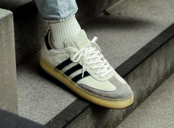 Ronnie Fieg x Clarks x adidas Samba Chalk White on feet 600x441