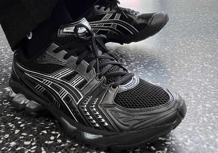 Asics Gel Kayano 14 Black Pure Silver on feet