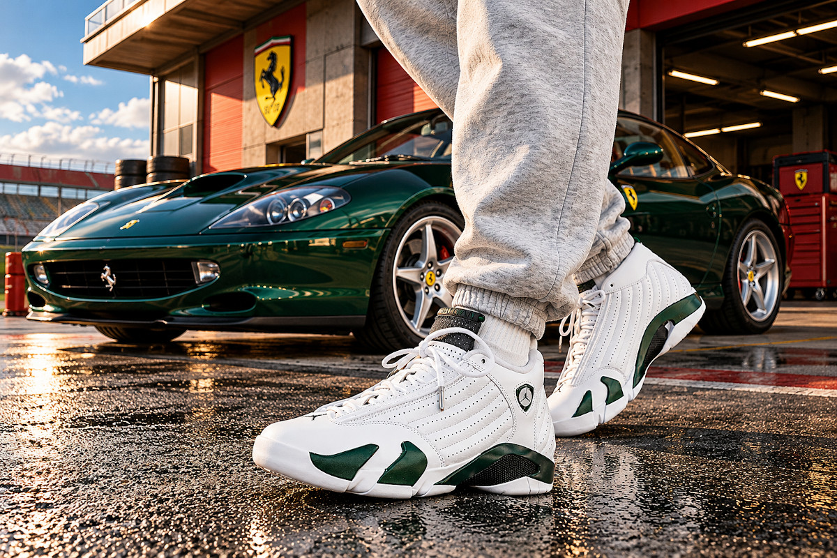 Air Jordan 14 Forest Green on feet (couverture) 487471-300