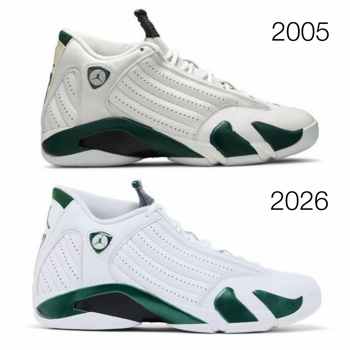 Différences entre Air Jordan 14 Forest Green 2026 vs 2005