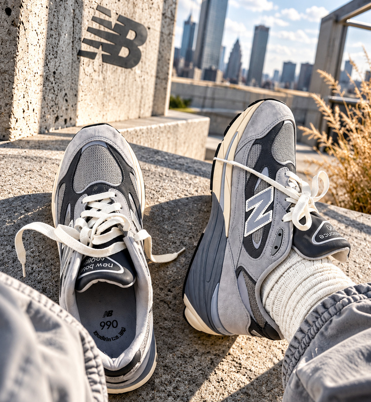 New Balance 990v7 grise aux pieds