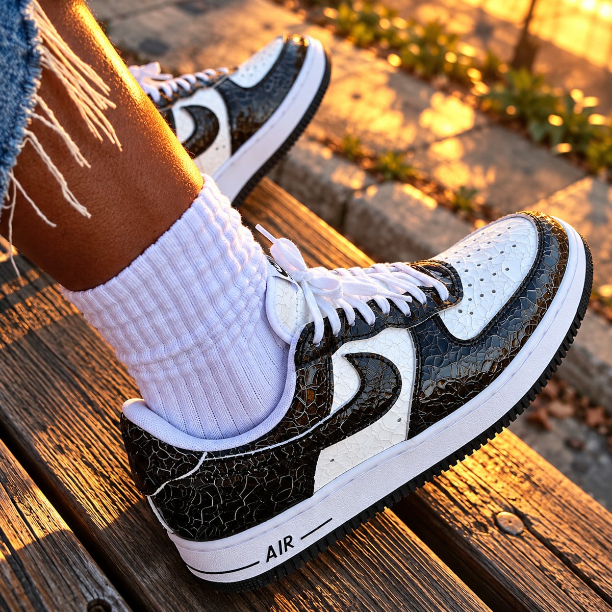 Nike Air Force 1 01 en cuir verni craquelé noir et blanc